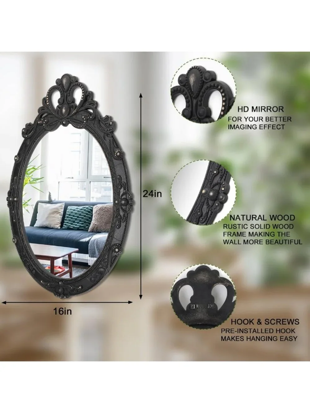 Vintage Black Oval Wall Mirror - 24